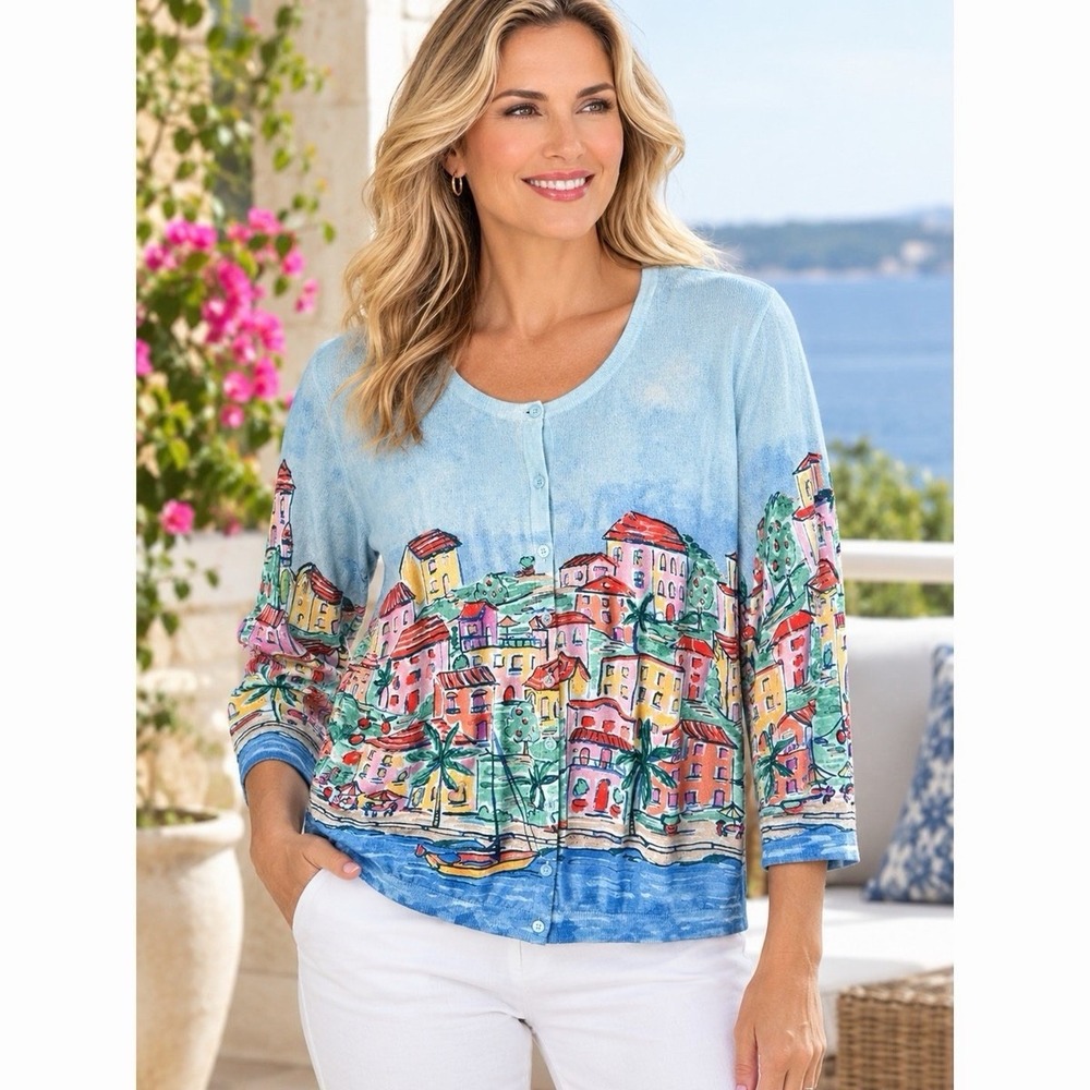 Talbots Charming Scenic Riviera Coastal Village Print Cardigan Sz M (Petite)